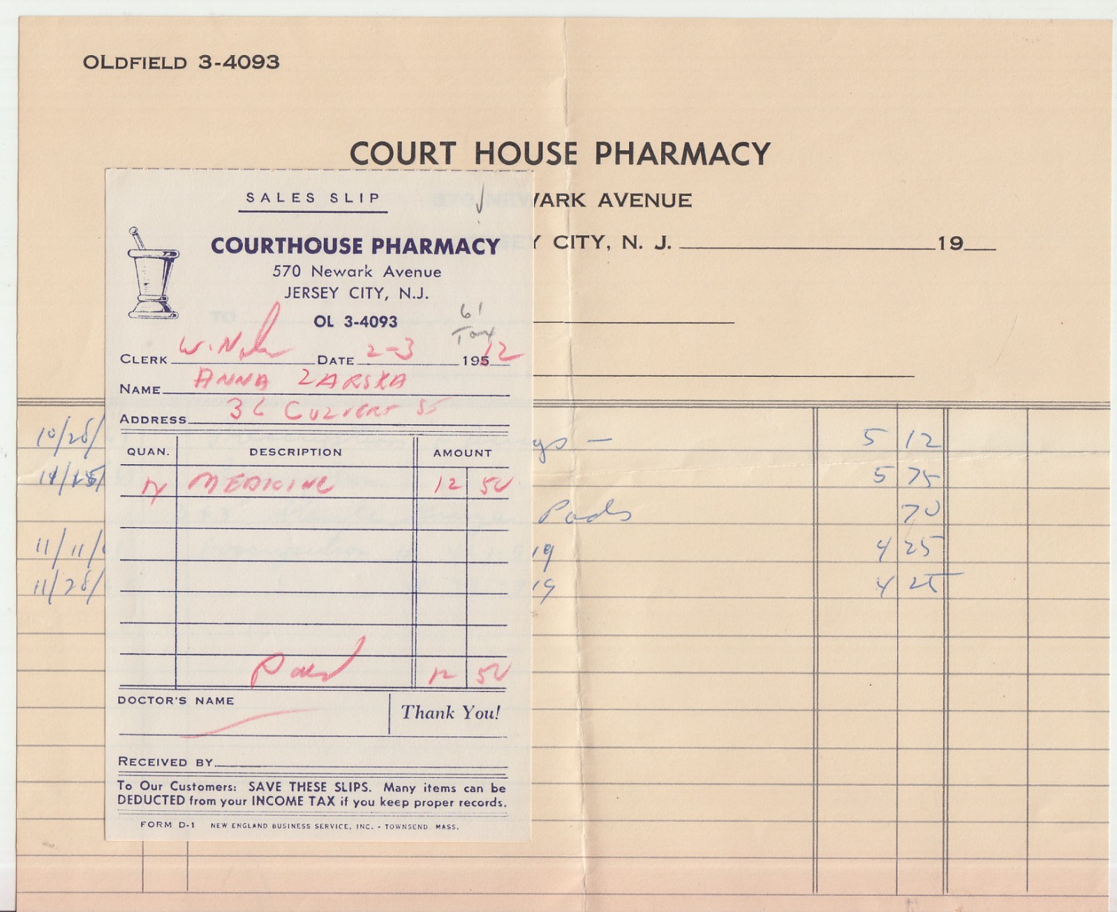1961 Court House Pharmacy Newark Ave Jersey City NJ 2 Handwritten Receipts