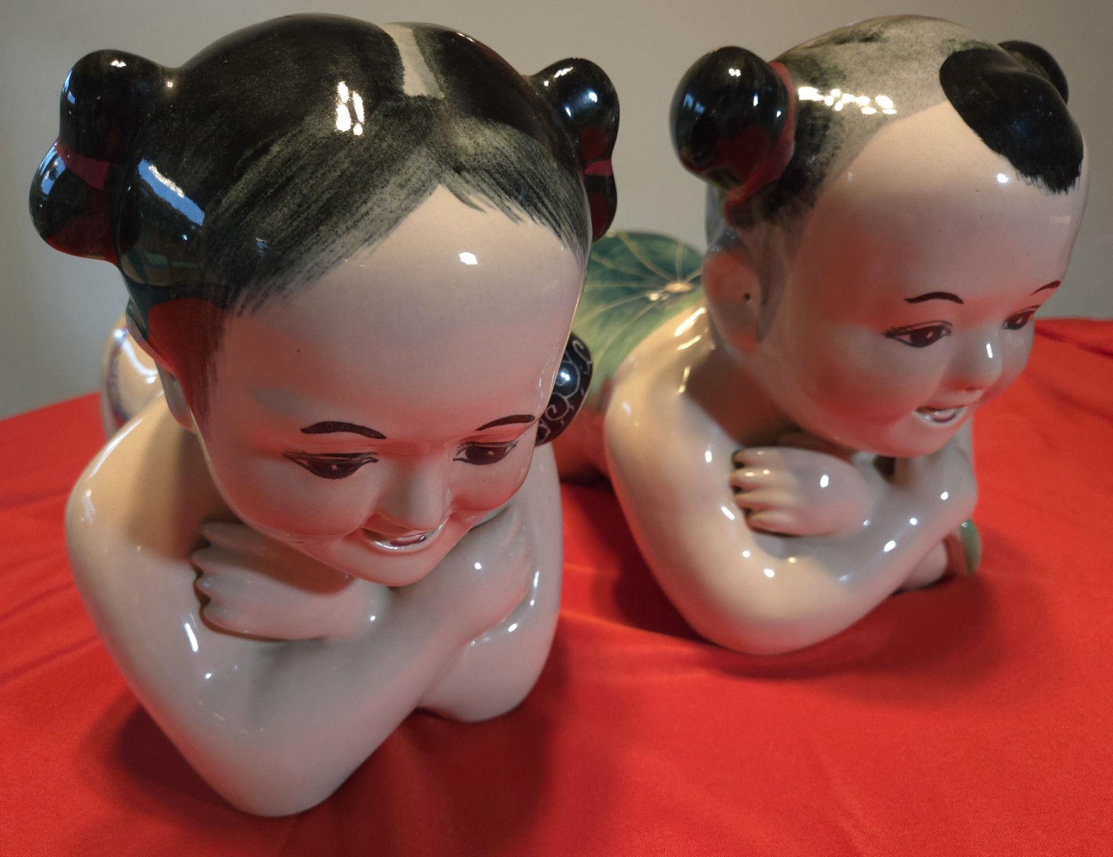 pair Maitland Smith porcelain hand painted Chinese boy/girl opium pillow