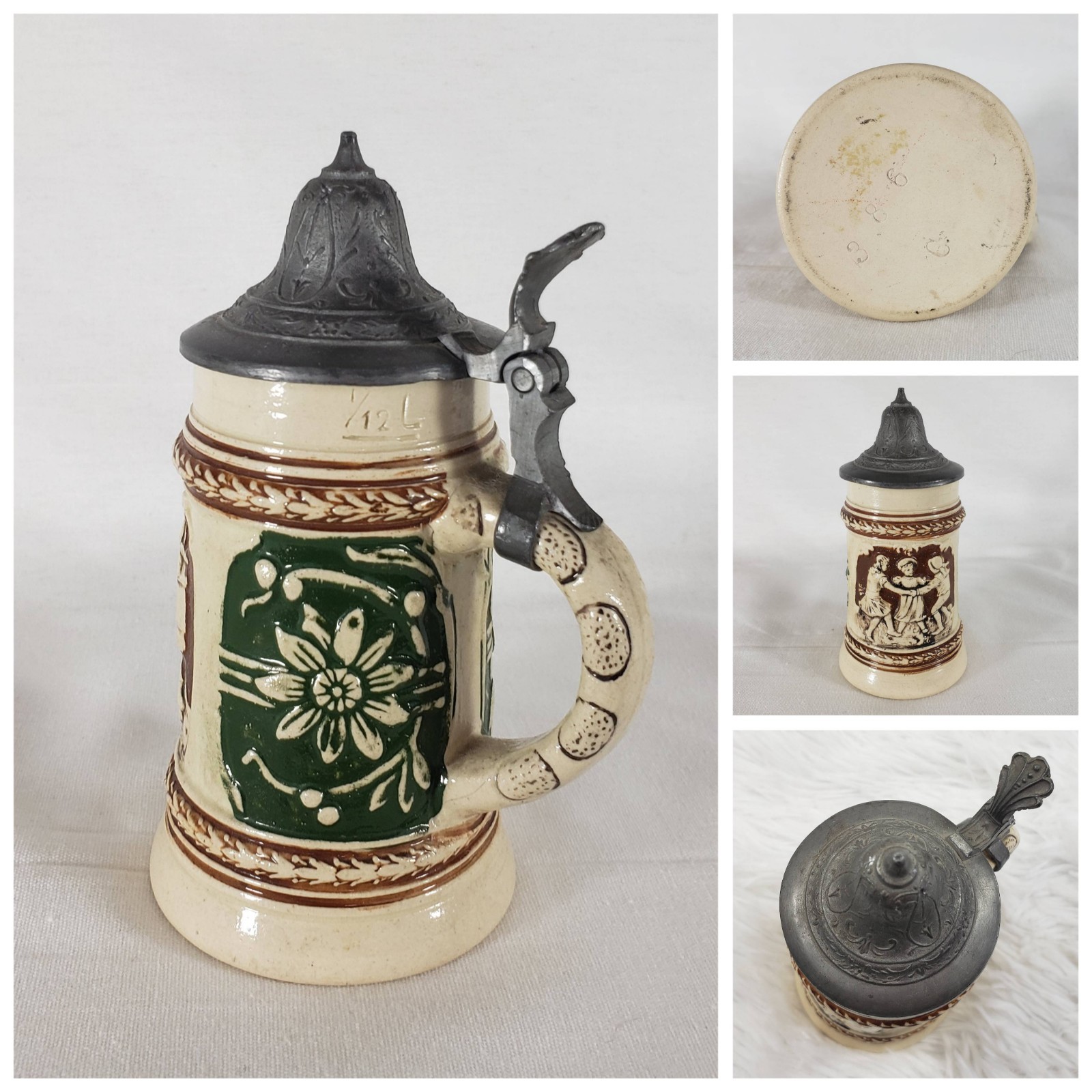 Vintage German Gerz Mini Beer Stein #386 w/Pewter Lid Children Playing & Floral
