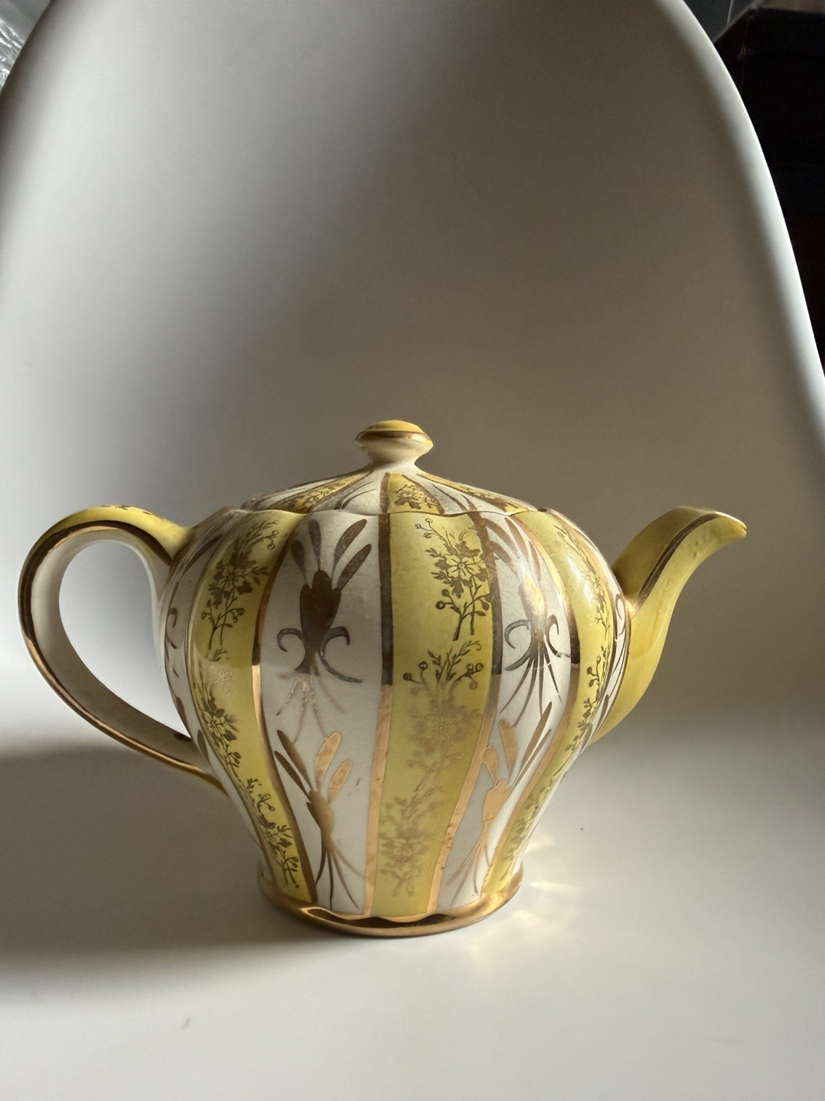 Antique Sudlow’s Burslem England Teapot Yellow Floral Gilt Vintage c1900s