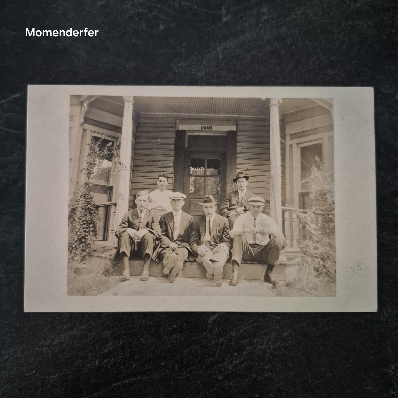 Antique RPPC Real Photo Postcard 6 Young Men on Porch Steps House 303 AZO 1910s