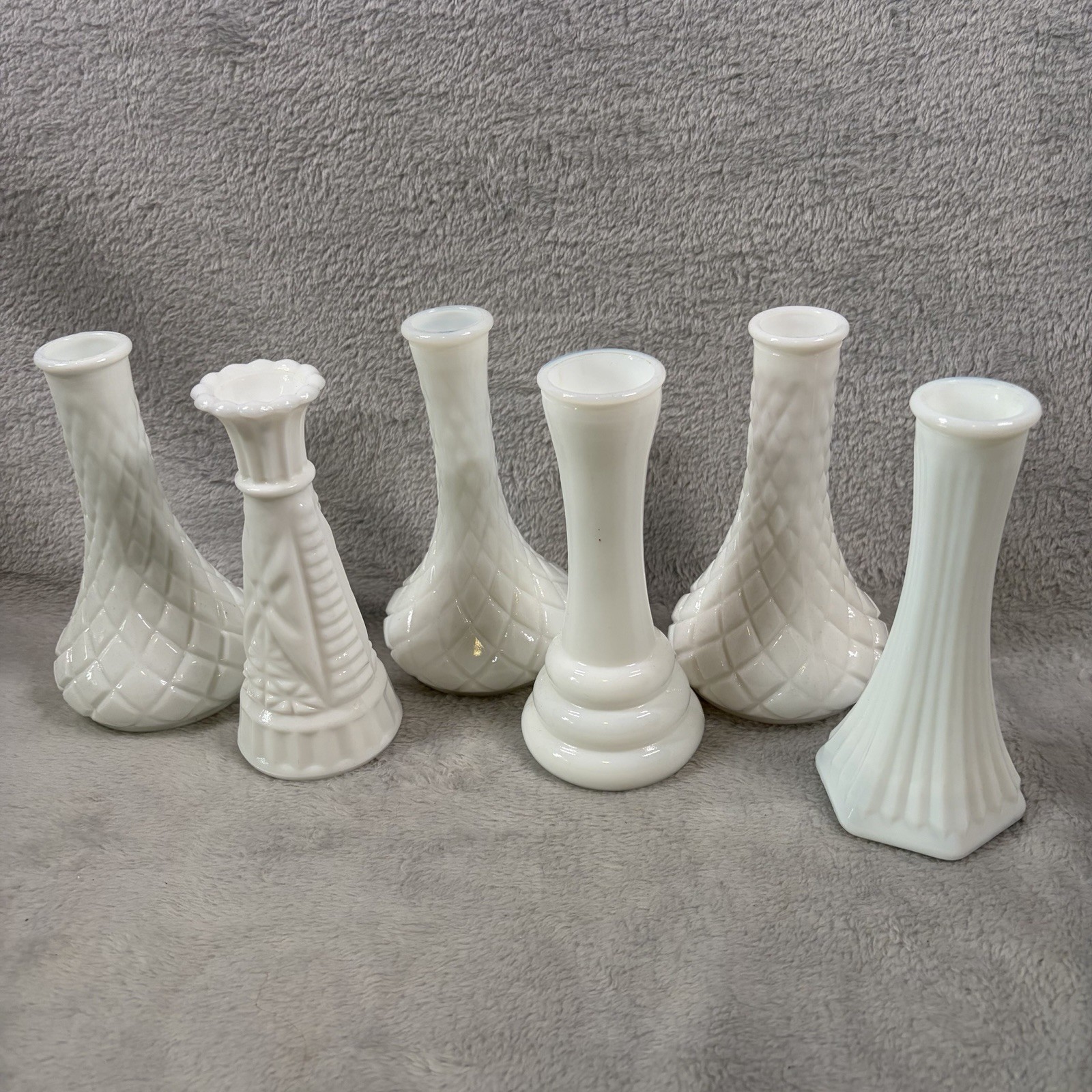 Lot of 6 Vintage White Milk Glass Bud Vases Anchor Hocking Stars and Bars MCM