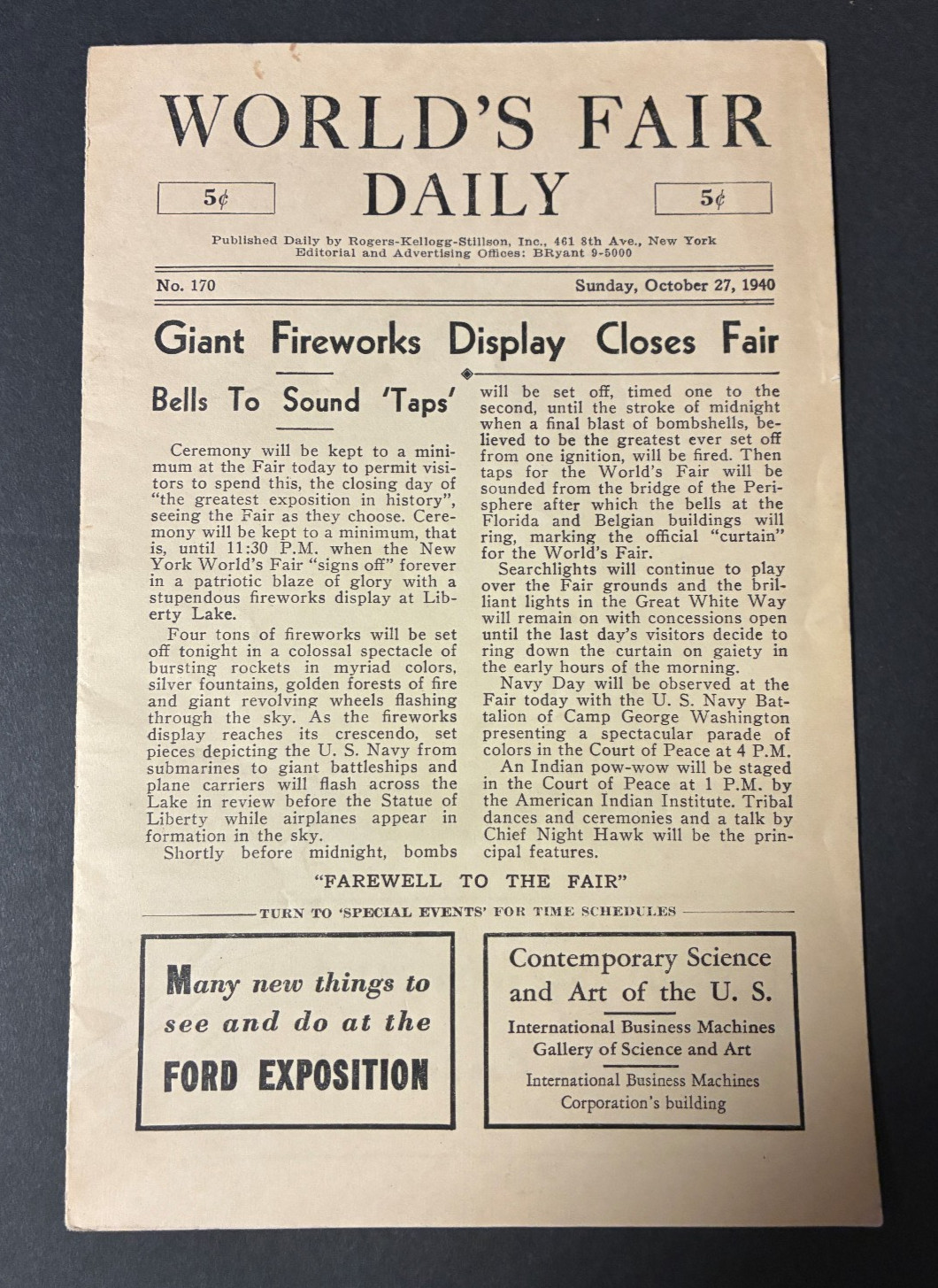 1940 New York World’s Fair Daily  – Oct 27 Final Day – Map & Events – 5¢ - RARE