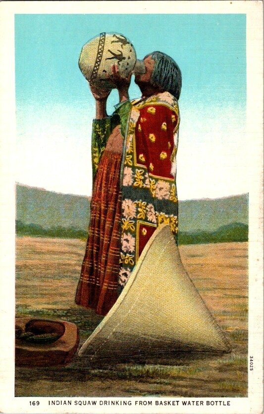 Vintage Postcard Havesupia Indian Squaw Drinking Basket Water Bottle       B-207