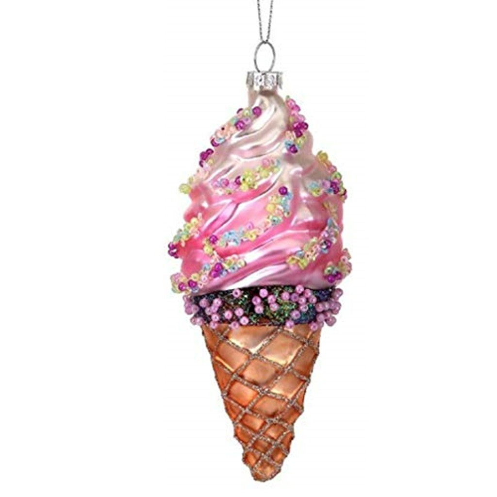 Regency International Glass Soft Swirl Ice Cream Cone w/Sprinkles Ornament Pink