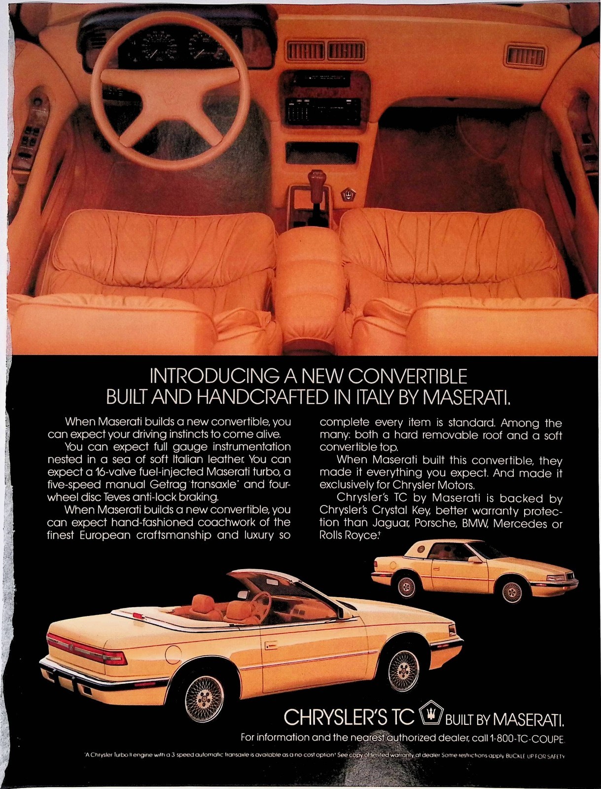 1989 Chrysler TC built by Maserati in Italy Vintage Car Print Ad Mirabella Dec
