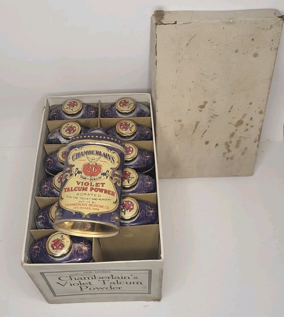 Rare/Vintage Box of 12 Chamberlain's Violet Talcum Powder - All Bottles Filled