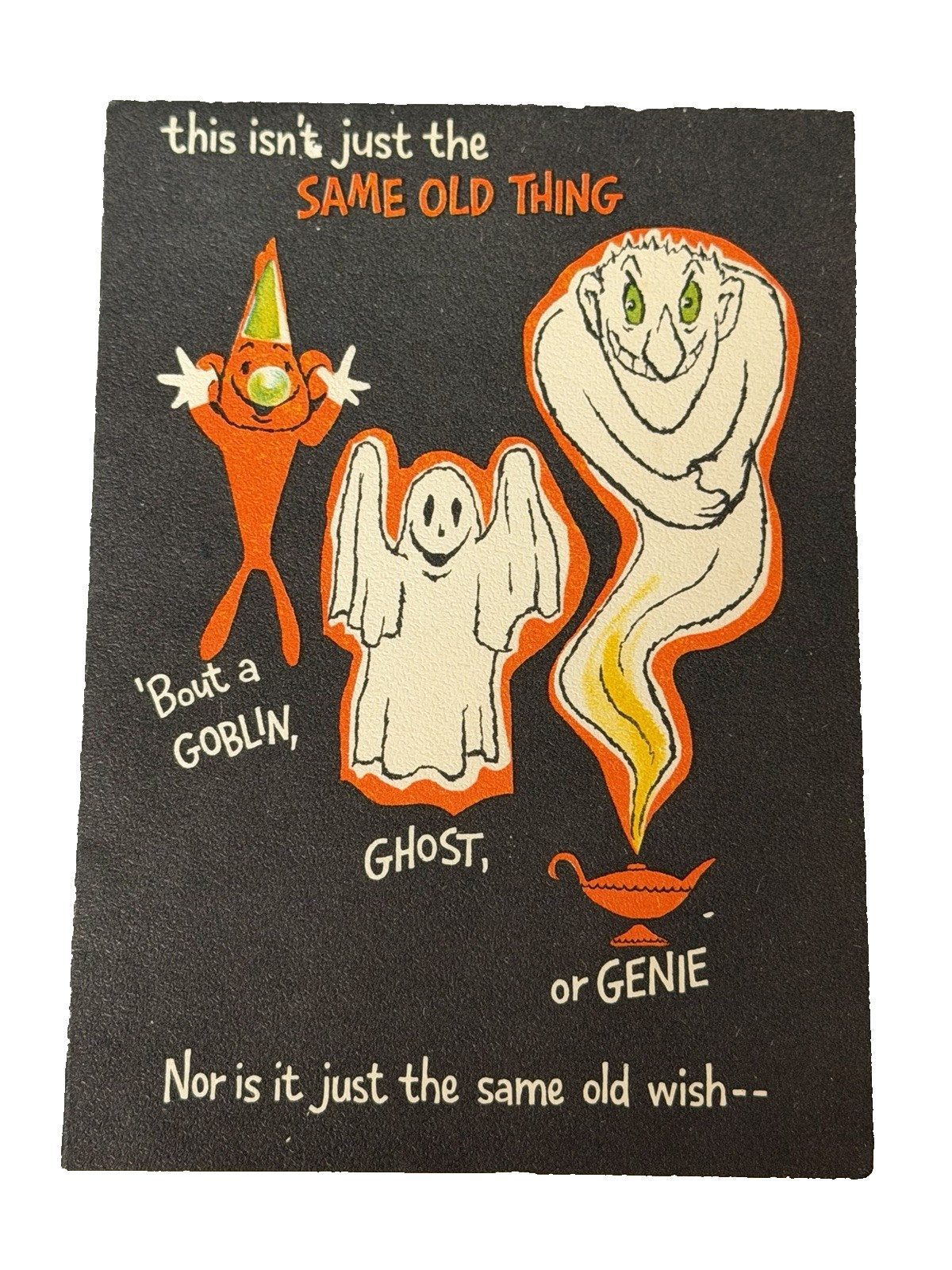 VTG MCM Hallmark Halloween Card Black with Goblin, Ghost & Genie 5