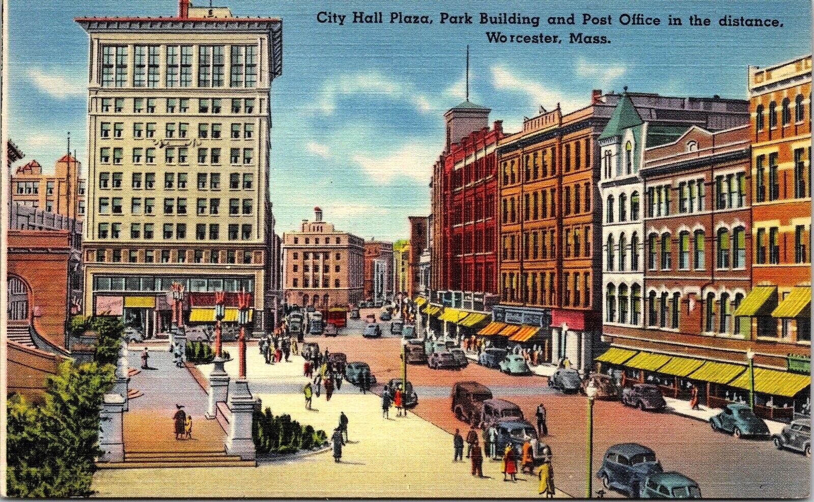 Main Street View City Hall Plaza Park Building Post Office Cars PPL Postcard UNP