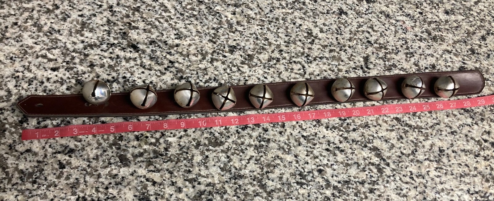 10-Bell Sleigh Bells, Vintage Brown Leather Strap, 29 inches