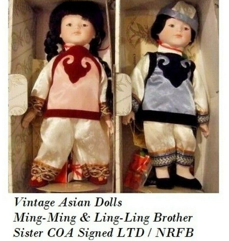 Vgt NRFB 1980s Asian Dolls Ming-Ming & Ling-Ling Brother & Sister COA Signed LTD