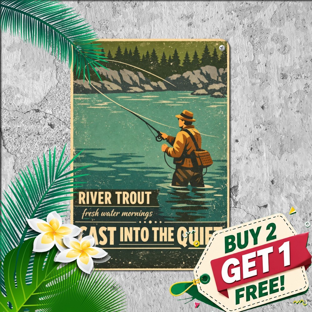 The River Trout Are Calling Fishing Hobby Metal Sign Rustic Cabin Tin Plaque