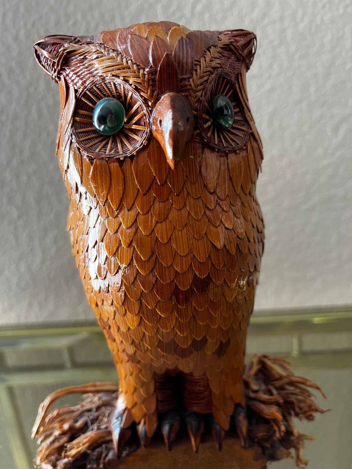 Vintage Chinese Rattan Wicker Owl Figurine Mid-Century Green Eyes