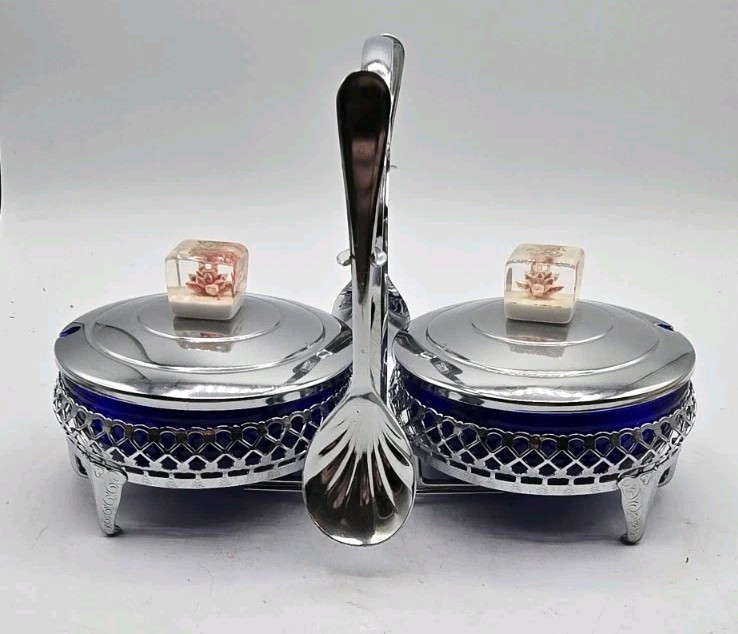 Vintage 1960s Cobalt Glass Chrome England Condiment Caddy Flower Lucite Handles
