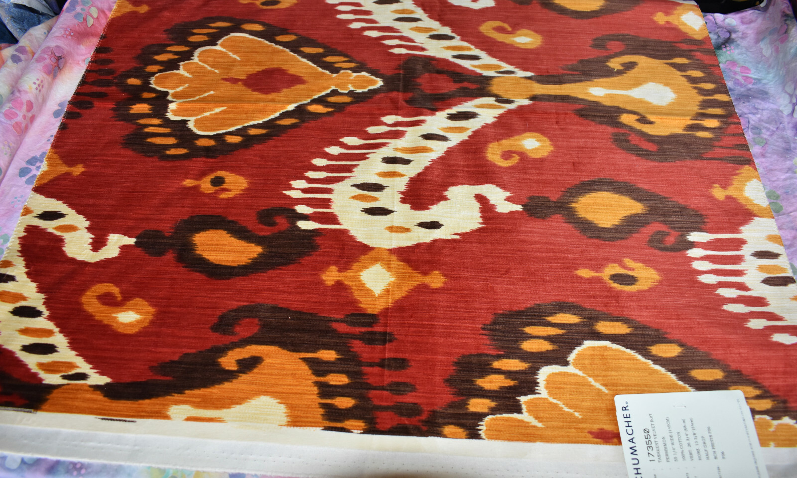 Schumacher TASHKENT VELVET IKAT PERSIMMON COTTON FABRIC SAMPLE REMNANT 26\