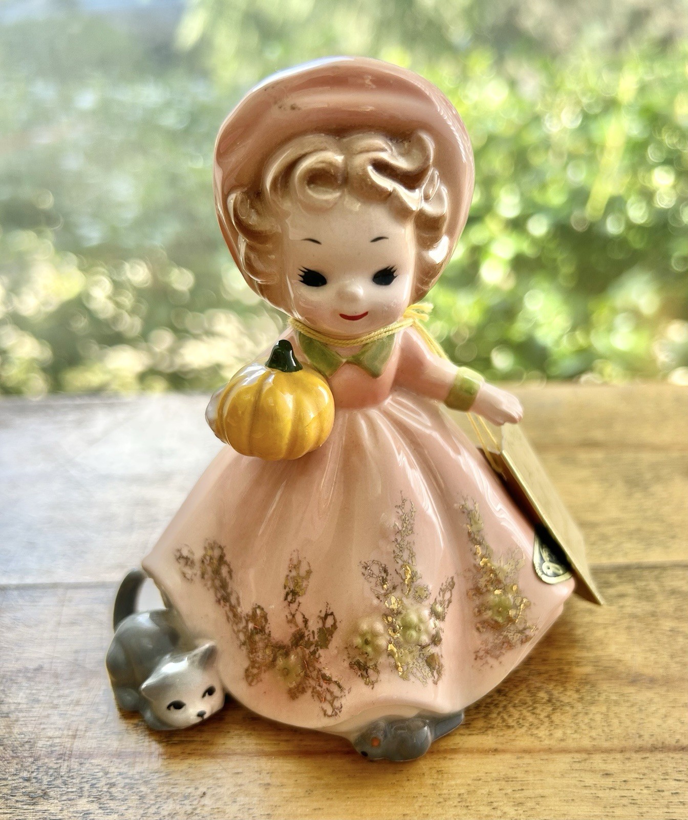 Vintage Joseph Original October Birthday Month Girl Holds Pumpkin w Cat & Mouse