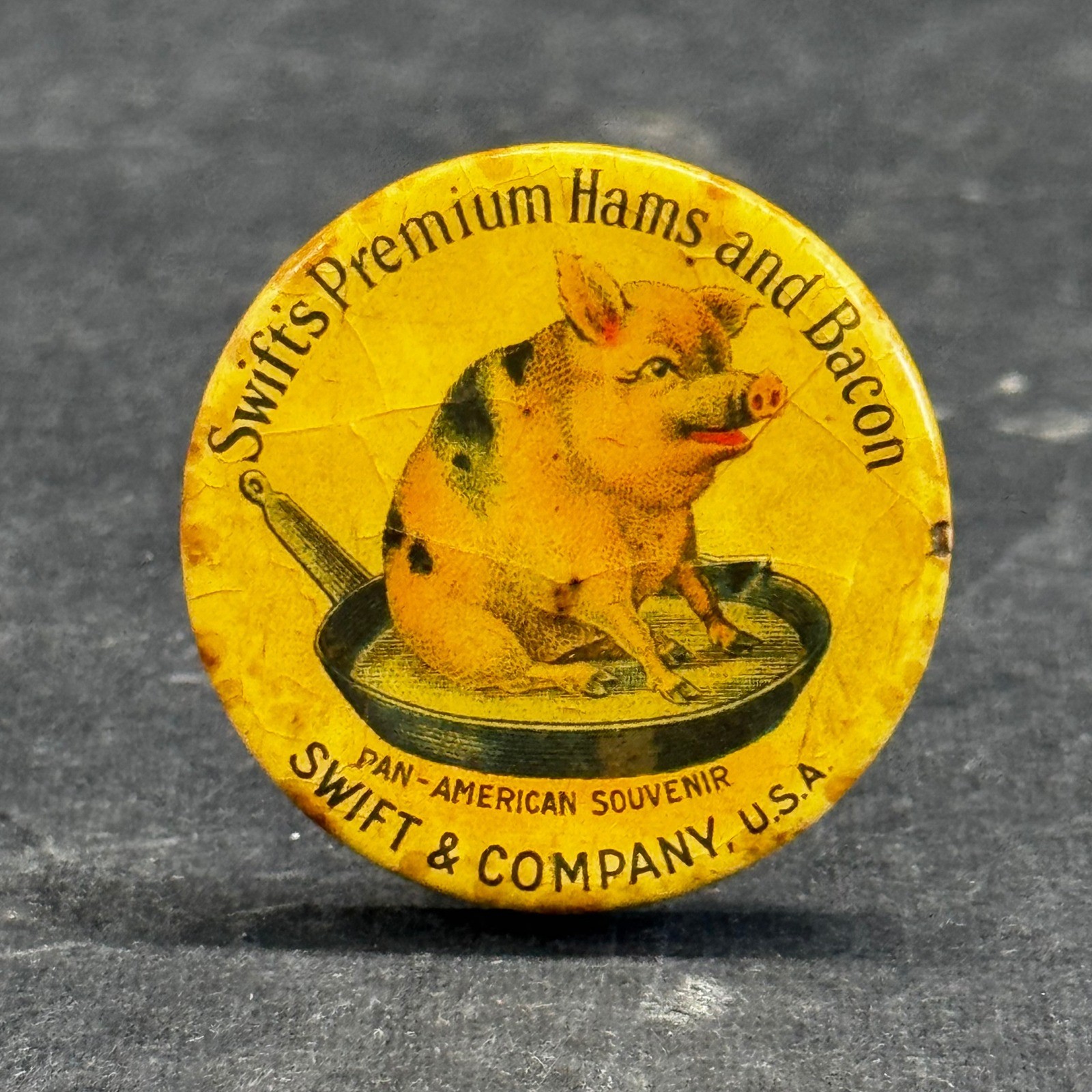Vintage 1901 Pan-American Souvenir Swift's Premium Hams Bacon Pinback Button Pig