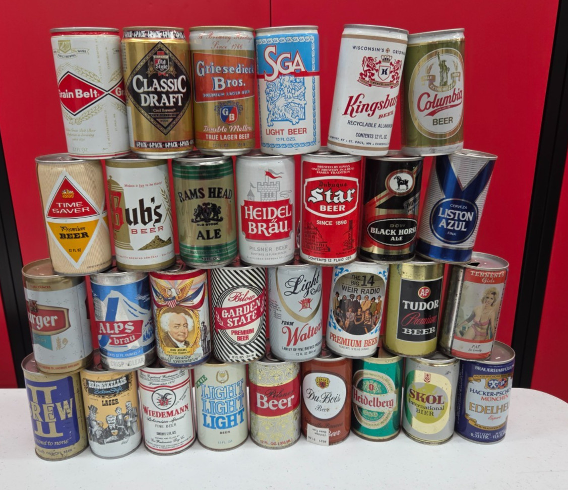 30 vintage beer cans mostly pull tabs 16 bottom opened  23 of 30 steel crimps