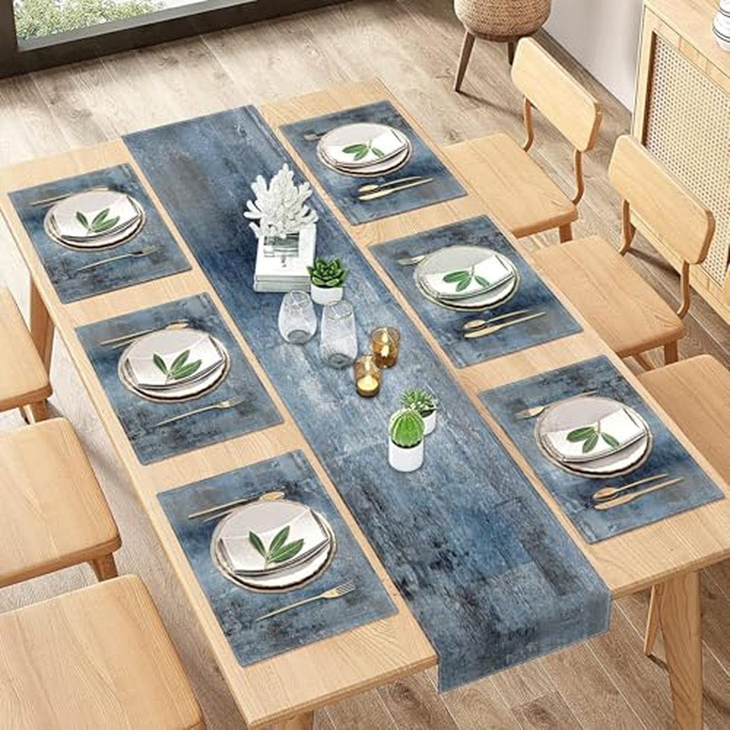 ArtSocket Table Runner and Placemats Set of 6, Vintage Blue Gray Art