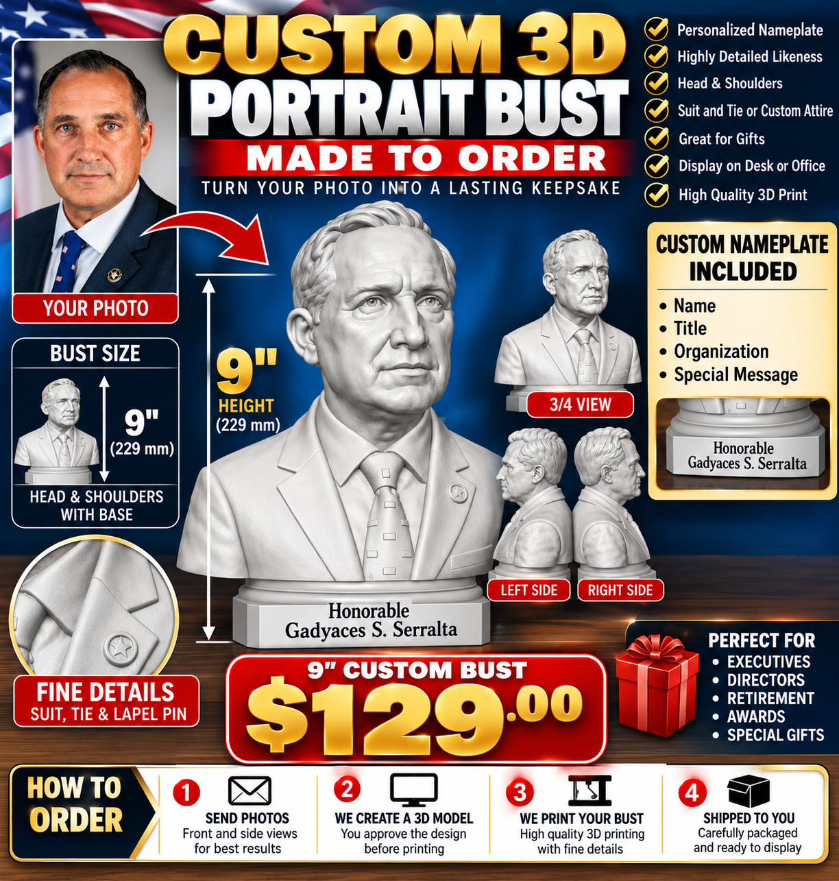 Turn your favorite photograph into a one-of-a-kind custom 3D portrait bust.