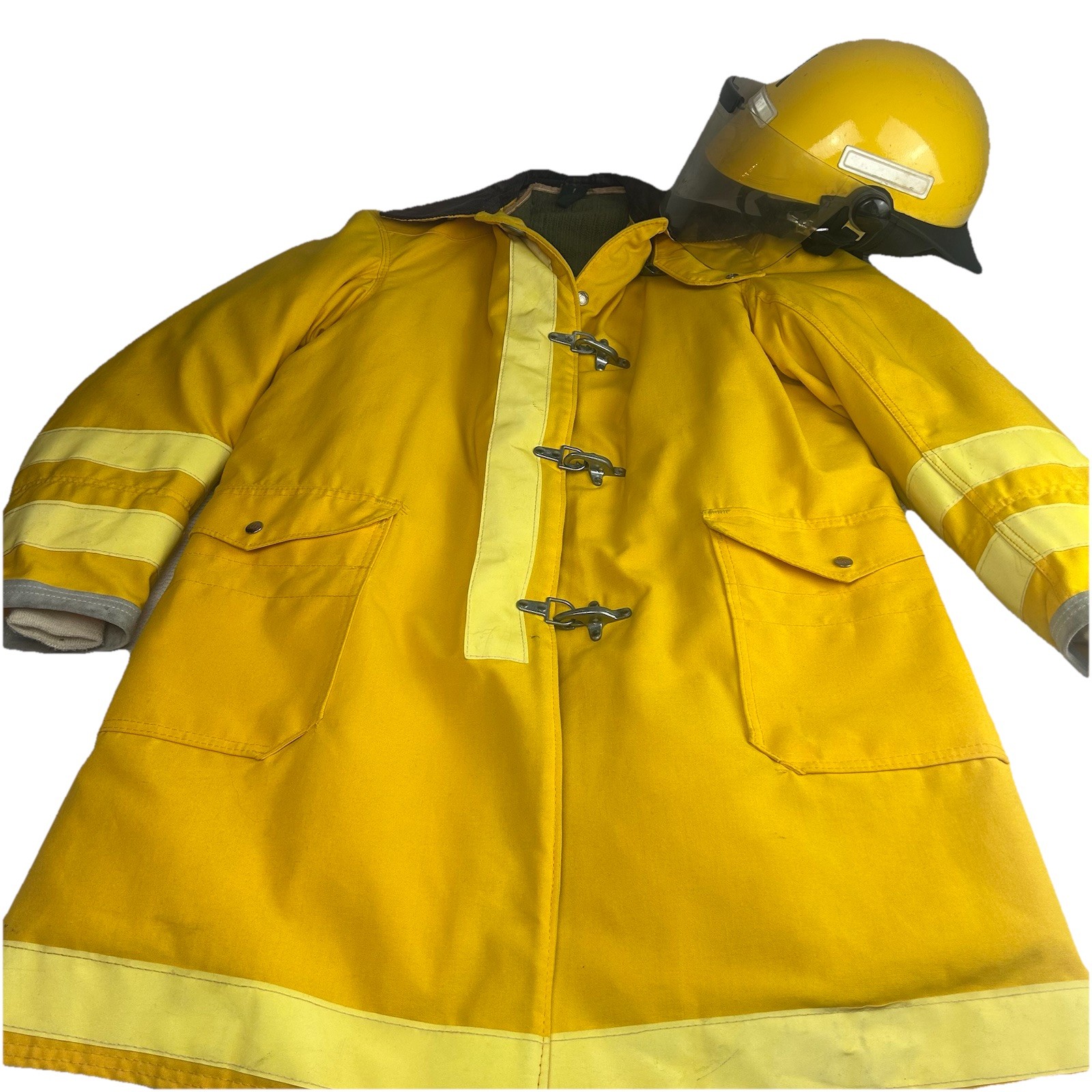 Vintage Globe Yellow Fire Police Coat 44/40 & Brigade fireman Helmet 6.5-7.75