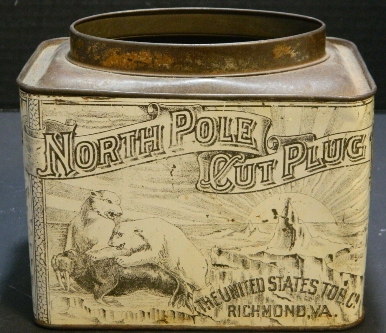 Antique North Pole Polar Bear Cut Plug Tin 5\
