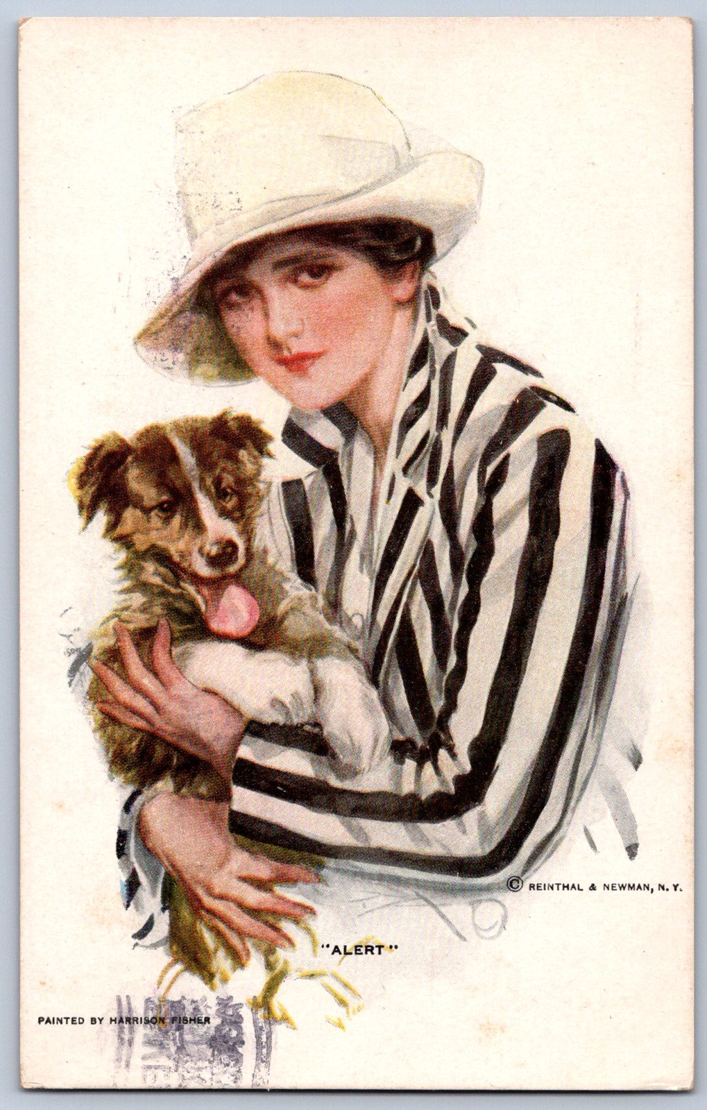 K17/ Artist Signed Postcard c1910 Woman Alert Pet Dog Hat 238