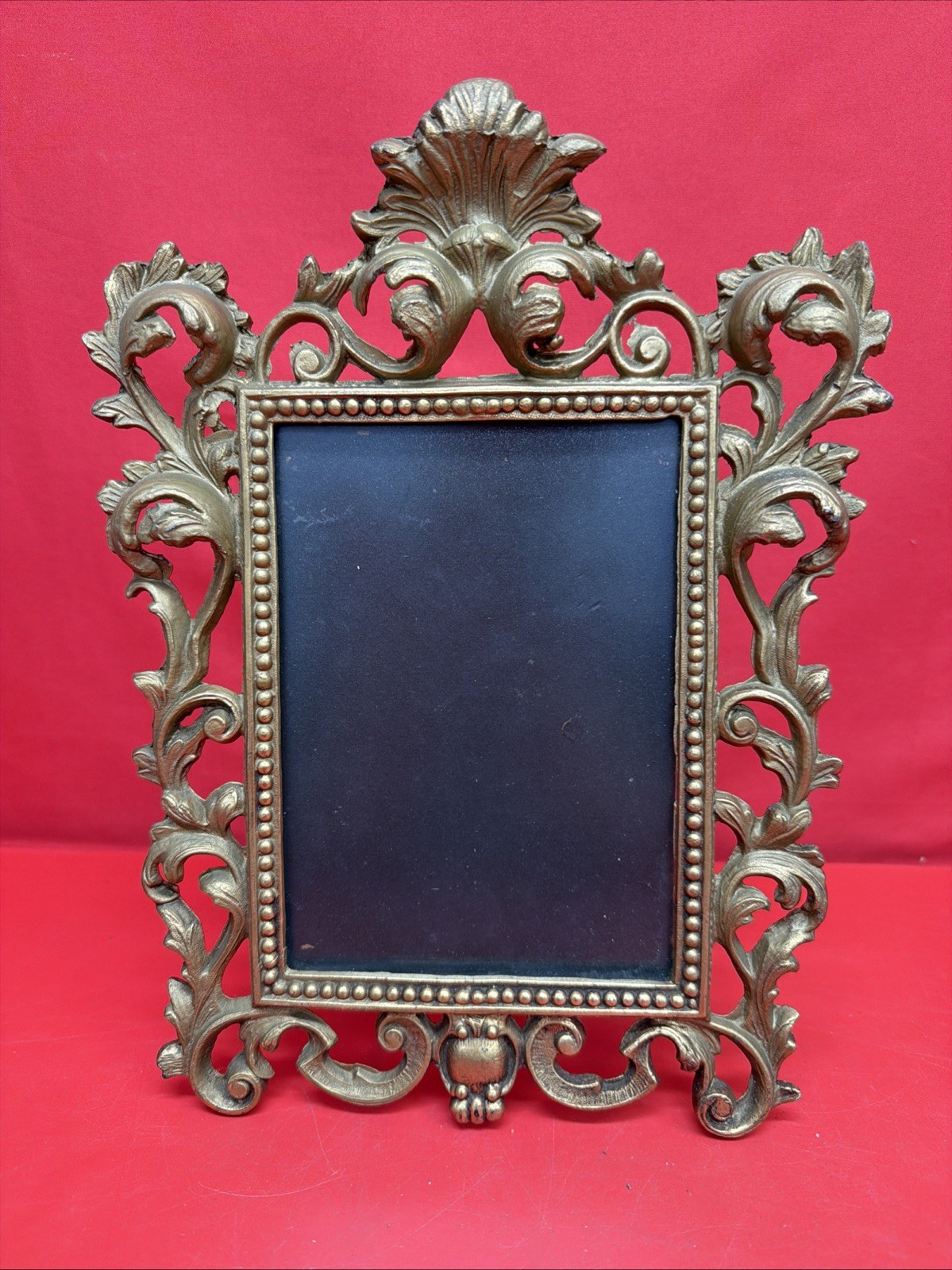 Vintage Heavy Brass Photo Frame Ornate Acanthus Scrollwork Easel Back