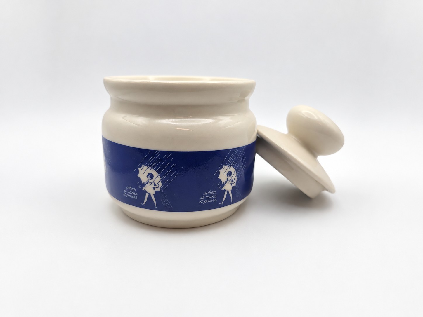 Morton Salt Cellar Vintage “When It Rains It Pours” Umbrella Girl Logo