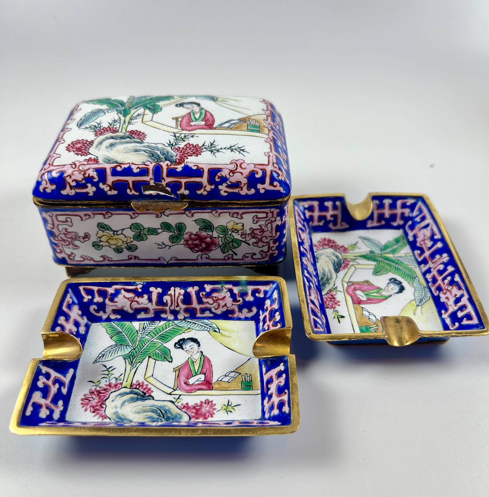 Set antique Chinese Rose Canton enamel copper Cigarette box ashtrays Qing ?