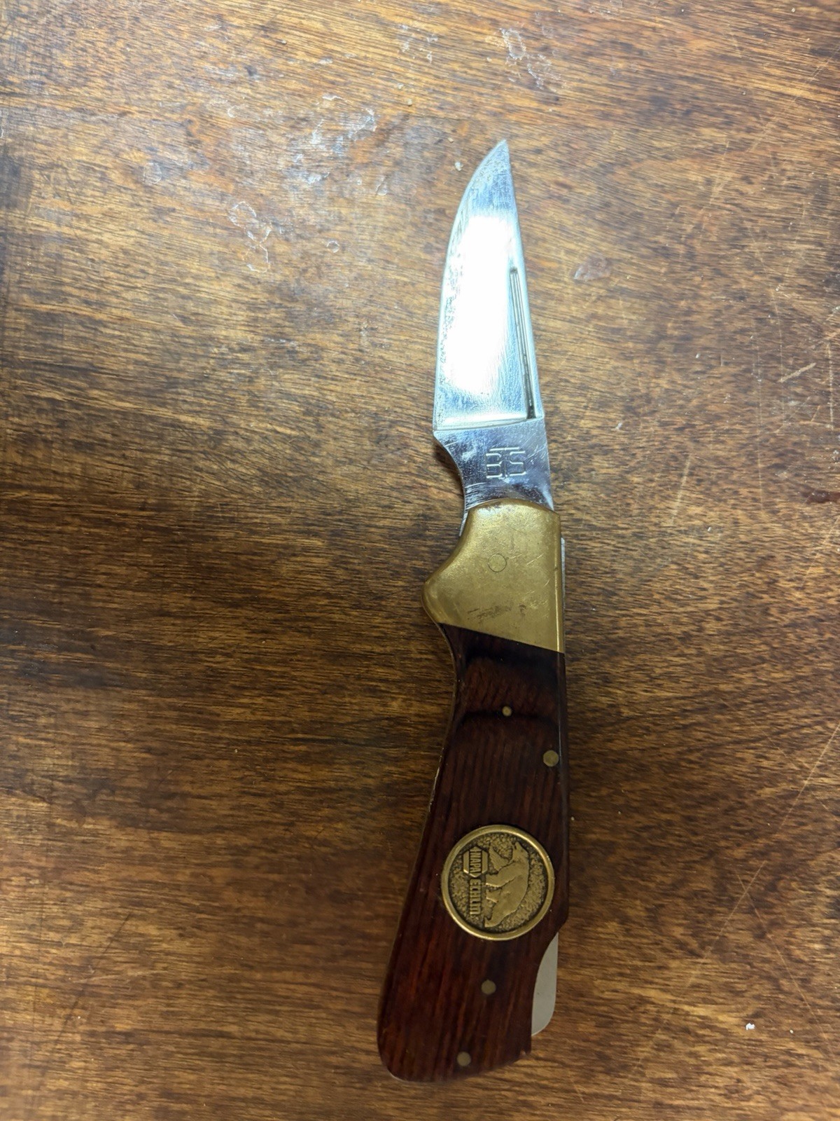 Vintage BTS Alaska Grizzly Folding Hunting Knife Wood Handle Brass Bolsters