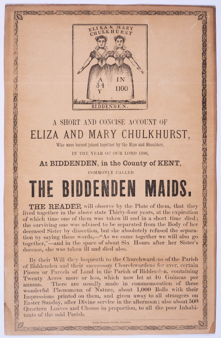 c. 1850 Handbill for Siamese Twins 'The Biddenden Maids,' English Folklore, Kent