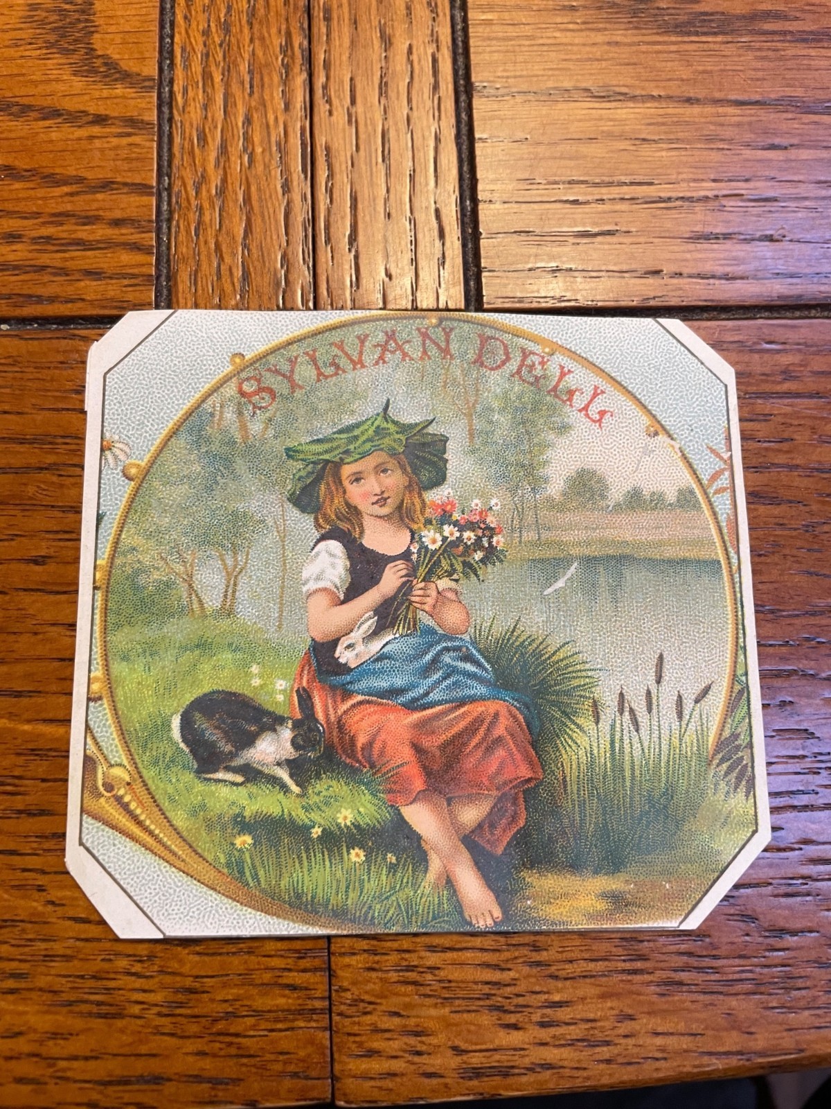 Sylvan Dell Victorian-Style Lithograph cigar box With Girl & rabbit By Pond Scen