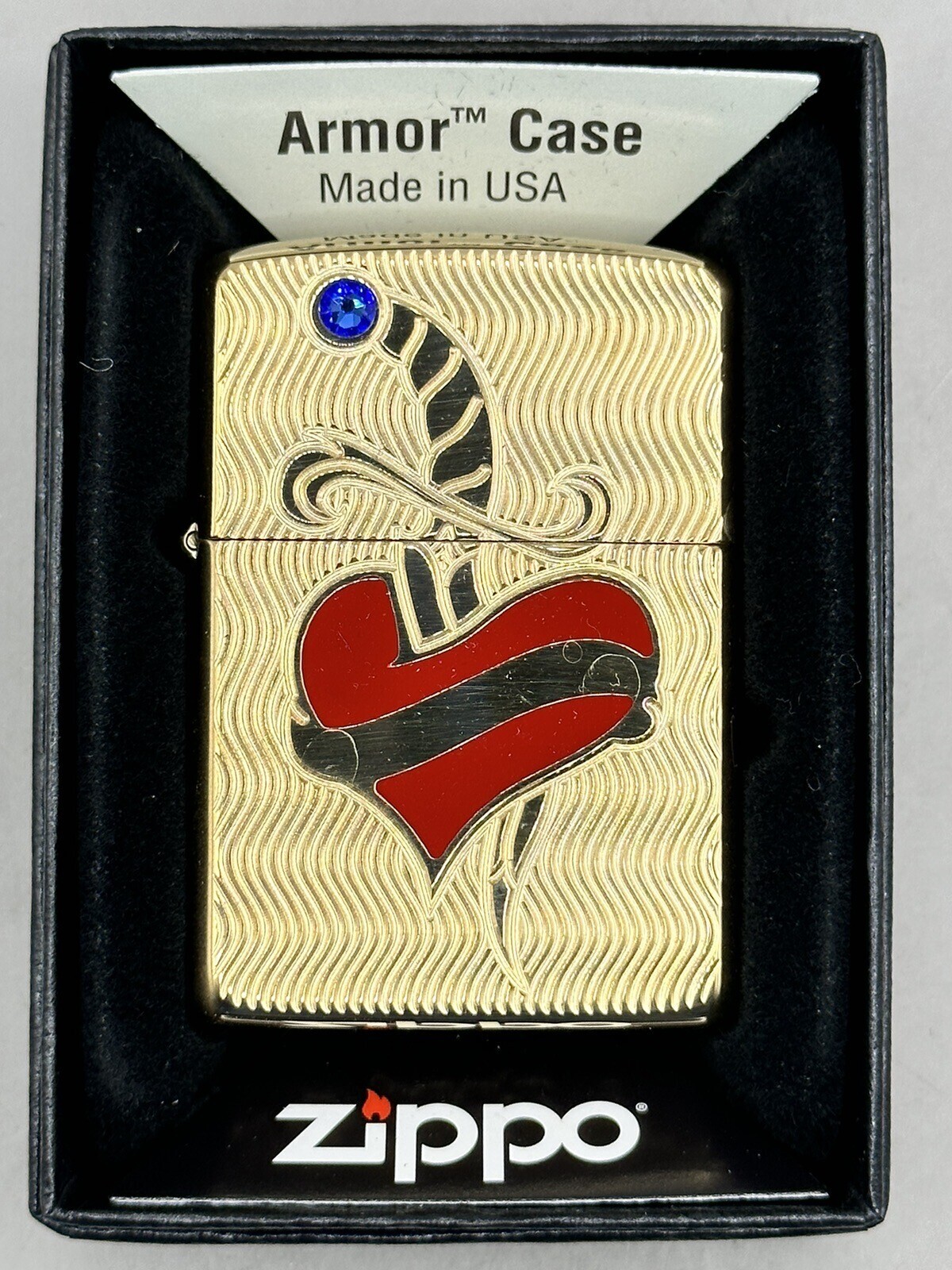 Heart & Sword Gemstone High Polish Brass Armor Zippo NEW 49303