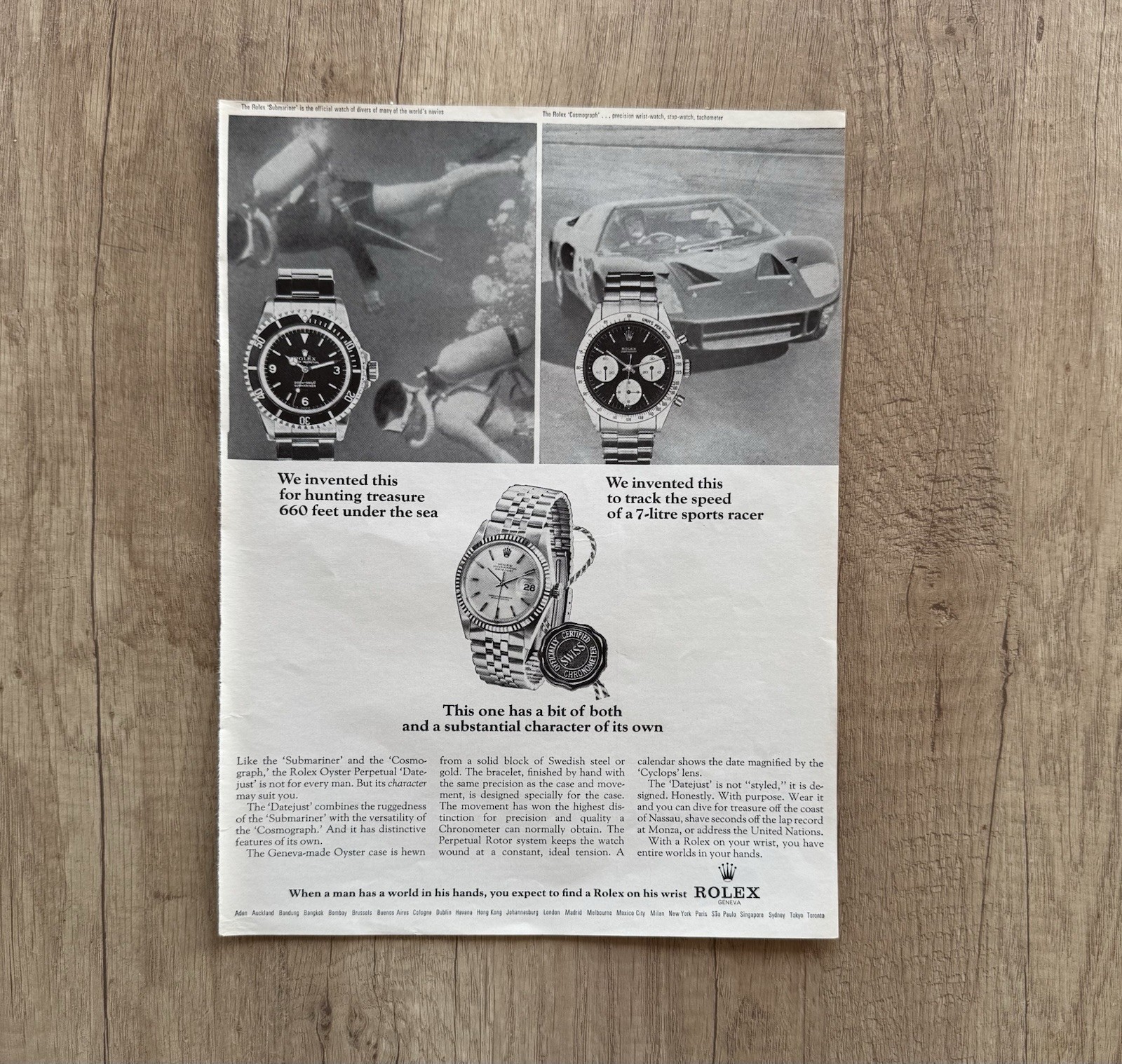 1966 ROLEX DATEJUST SUBMARINER CHRONOGRAPH ADVERTISING, NEWSPAPER CLIPPING WATCH