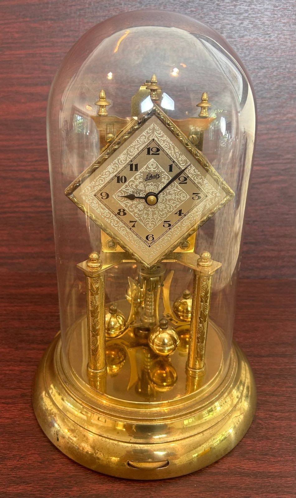 Vintage Schatz German Anniversary Torsion Clock Glass Dome Diamond Dial Repair