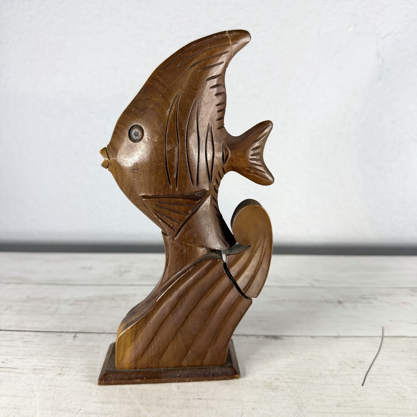 Rare Vintage 1940s Handcarved Hawaii Milo Wood Fish Hidden Perfume Bottle - Flaw