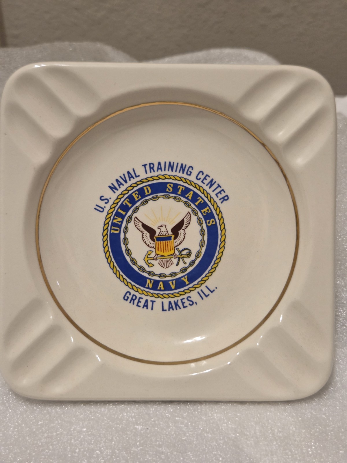 Vintage US Navy Great Lakes Naval Training Center Ceramic Ashtray Gold Trim