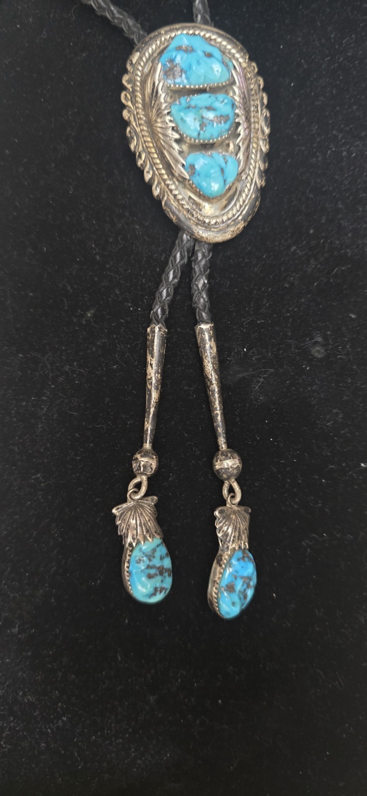 Authentic Vintage Zuni Sterling Silver & Turquoise  Bolo Tie - Signed 