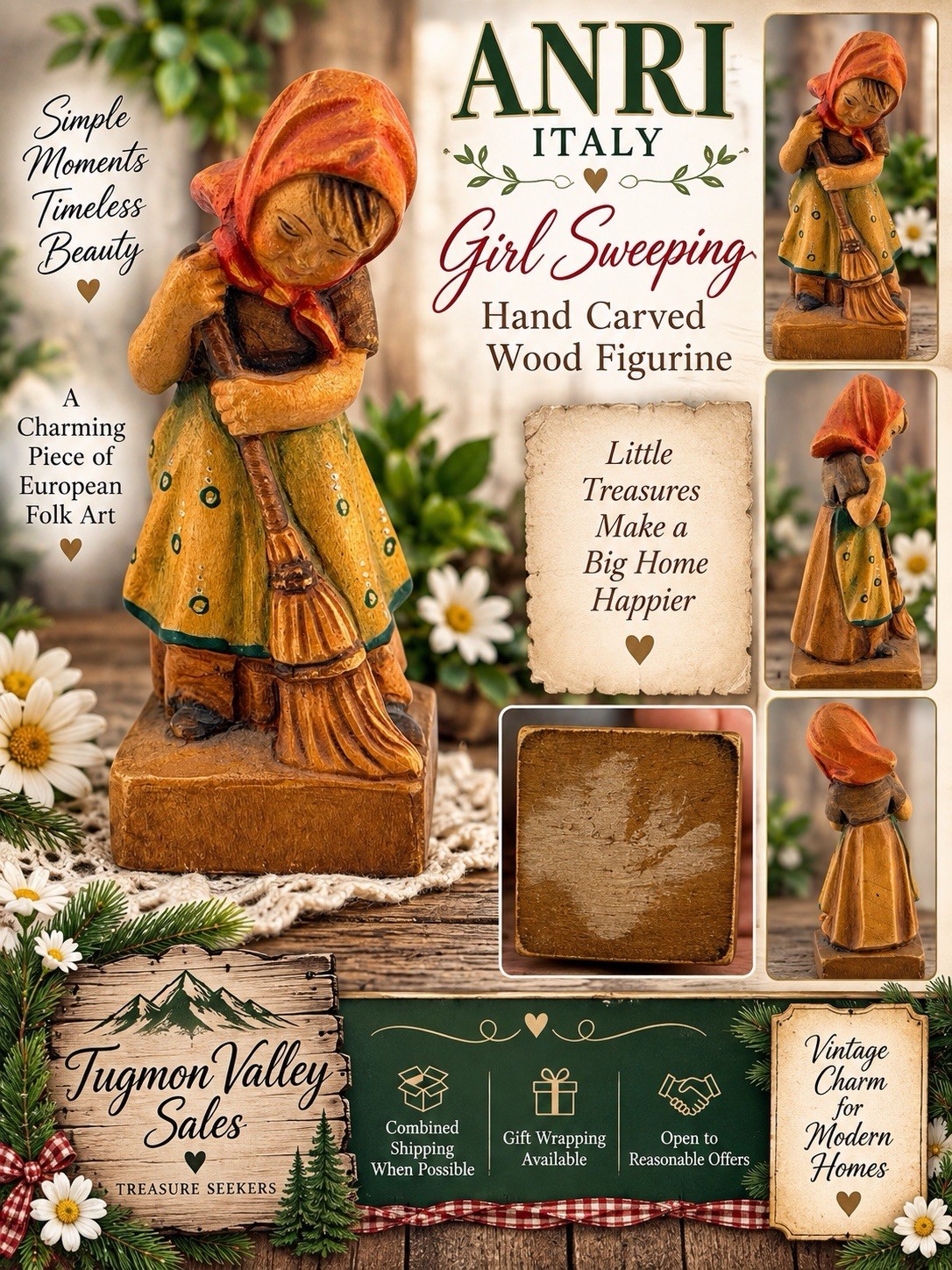 Vintage ANRI Italy Girl Sweeping Broom Hand Carved Wood Figurine 3.25”
