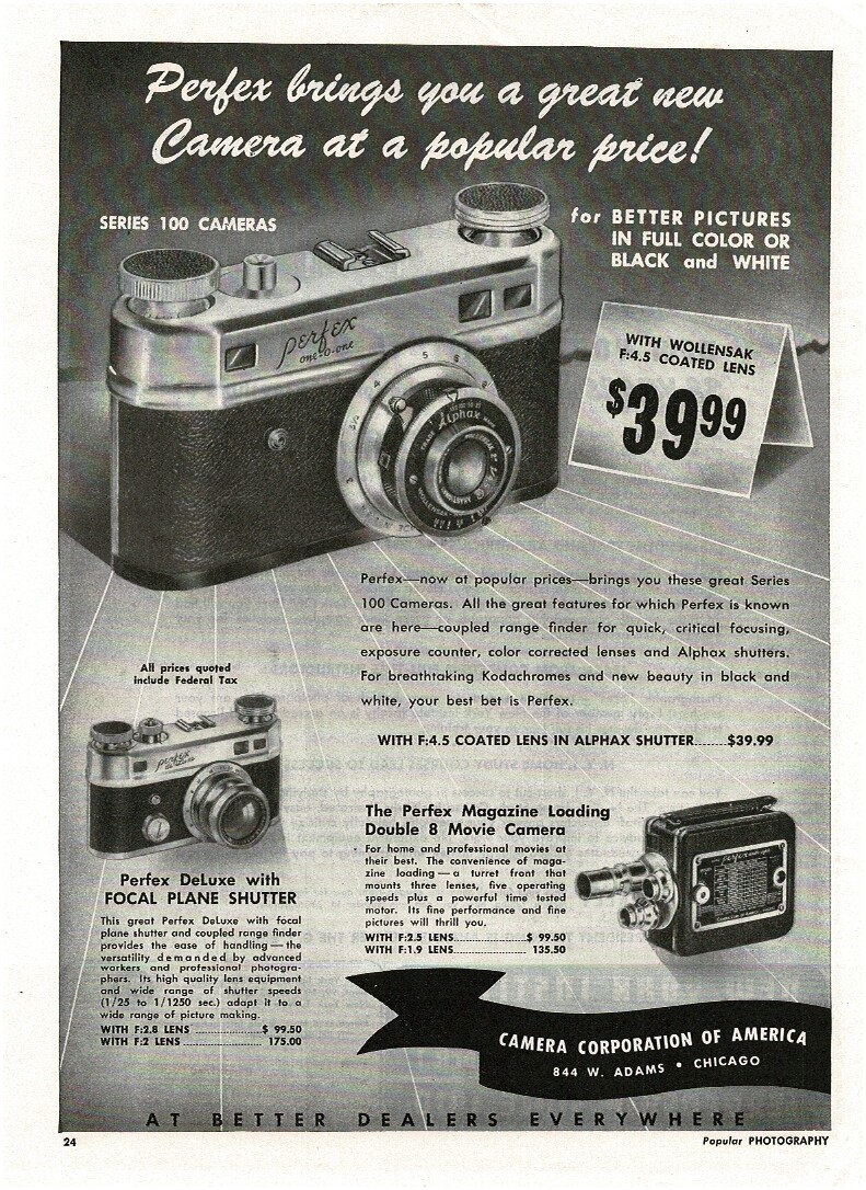 1948 PERFEX One To One Model 100 35mm Camera Vintage Print Ad