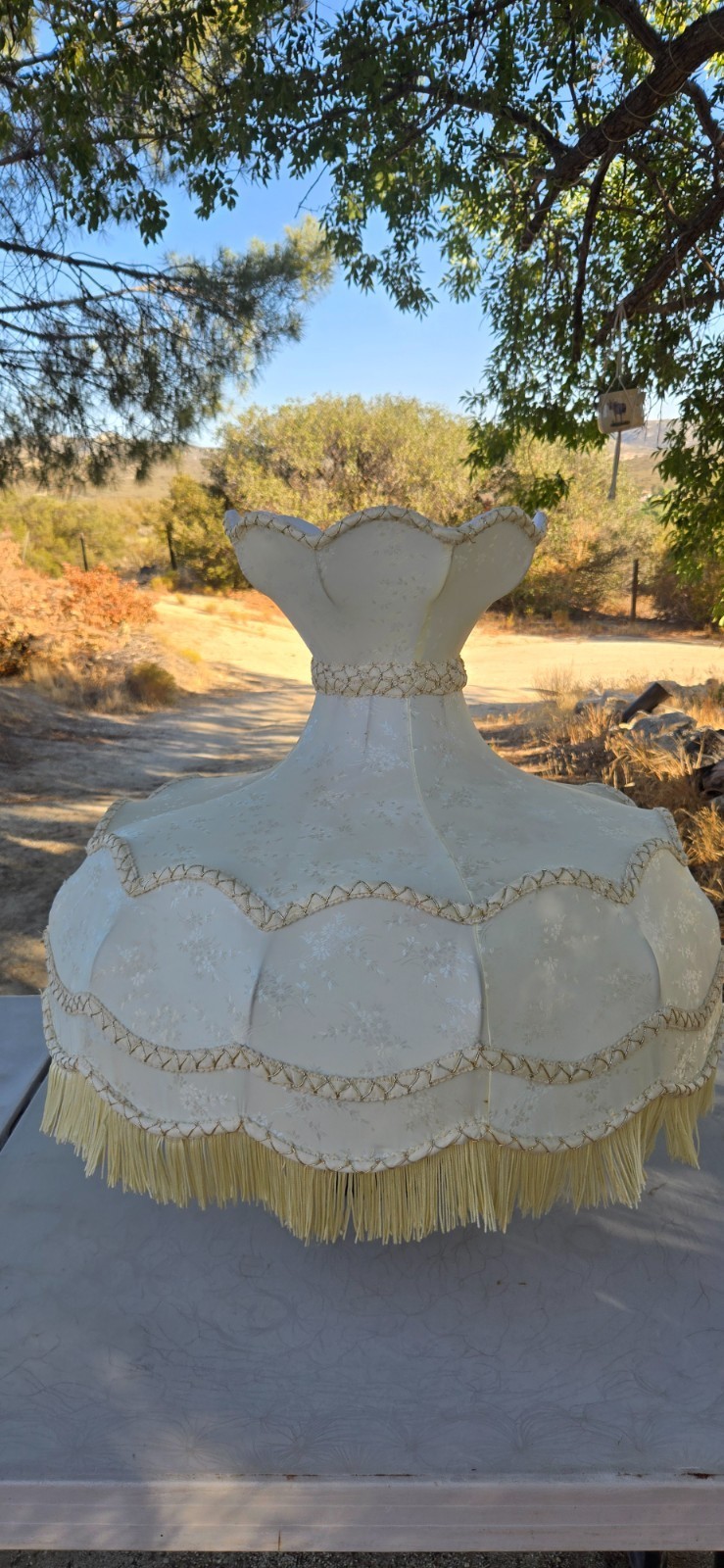 Antique Victorian Parlor Lamp Shade Gold Brocade Floral Fringe Metal Frame
