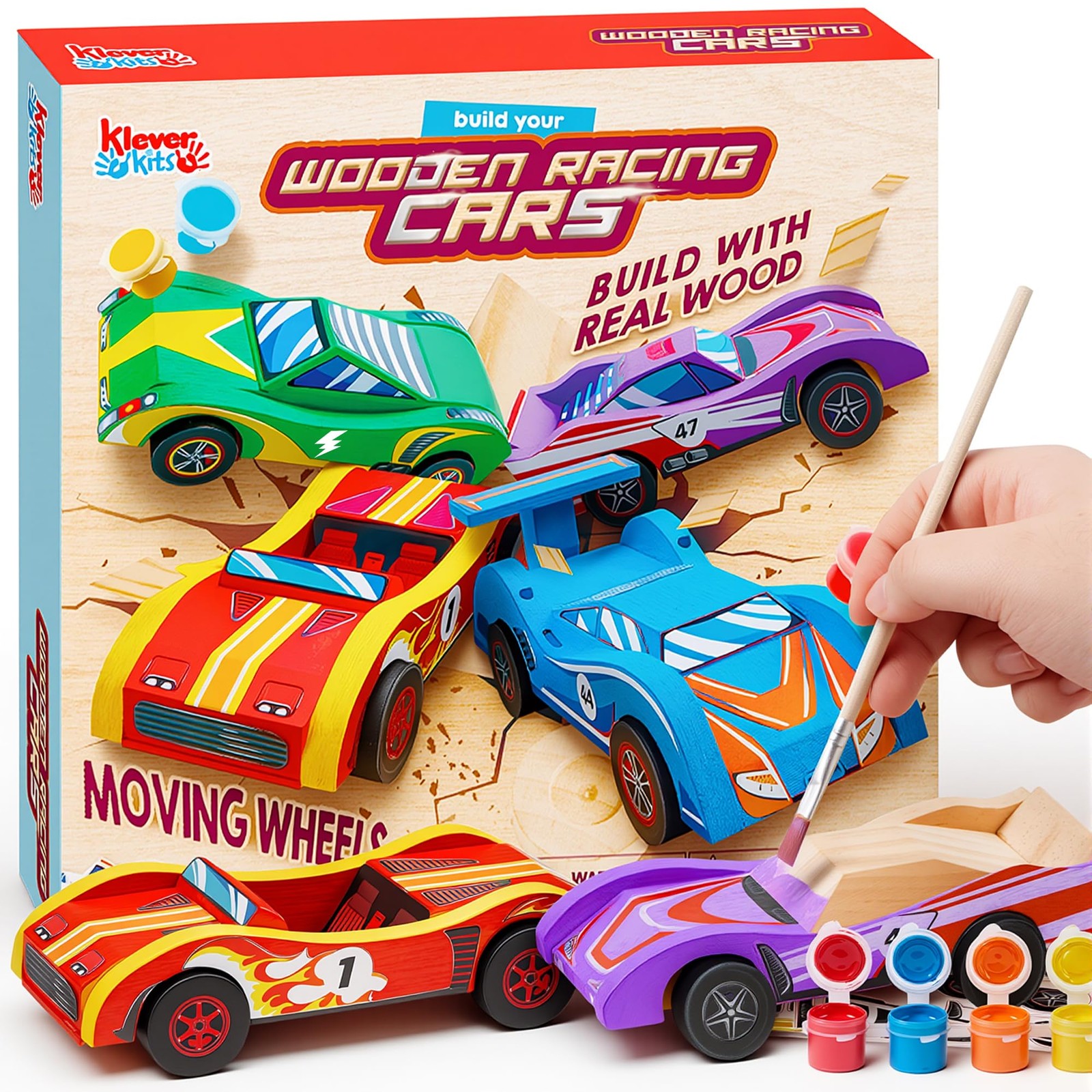 Klever Kits 4 DIY Wooden Race Cars-Build & Paint Your Own Wood Craft Kit, 4 Race