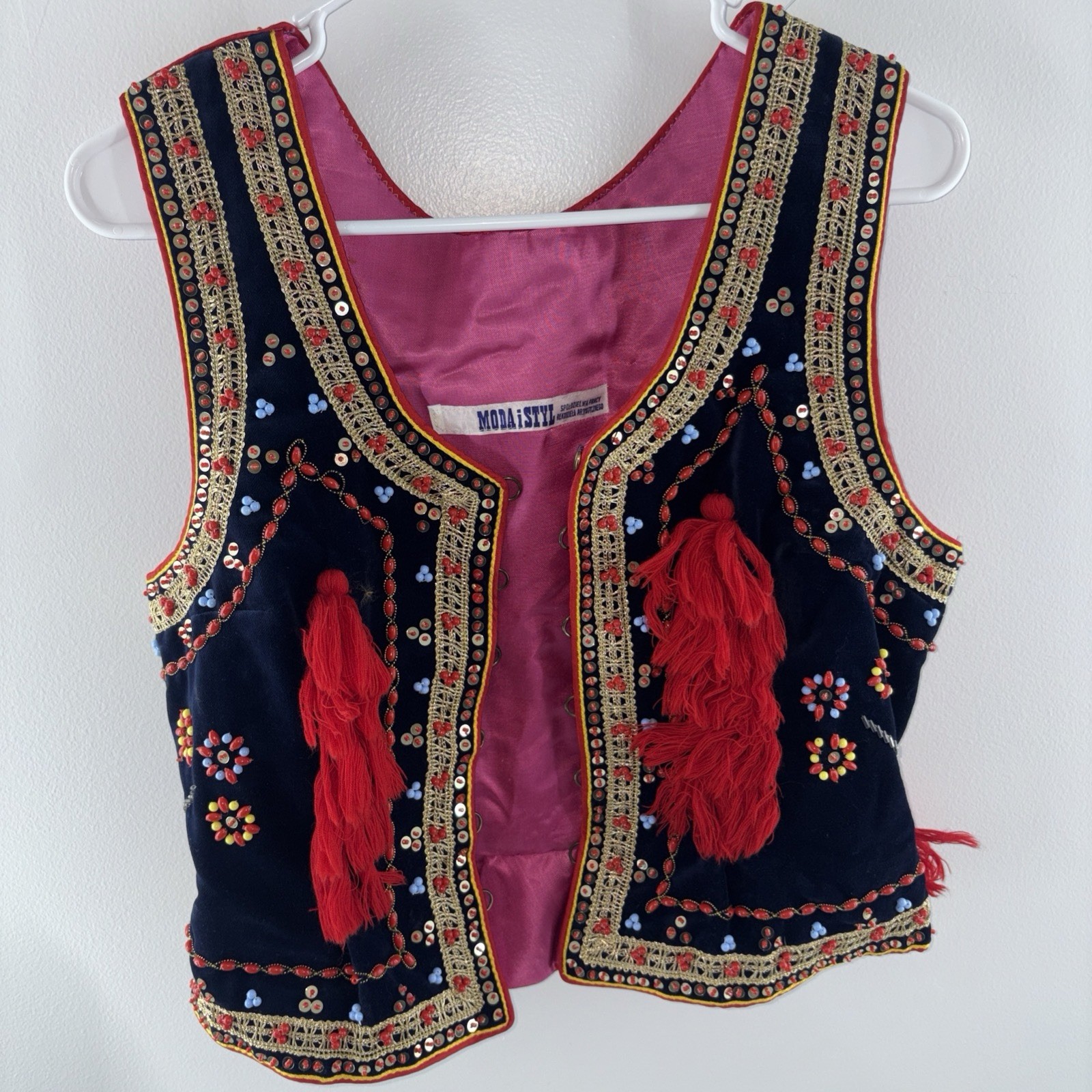 Vintage Polish Folk Vest Gorset  Krakow Velvet Sequins Tassels  Handmade Cepelia