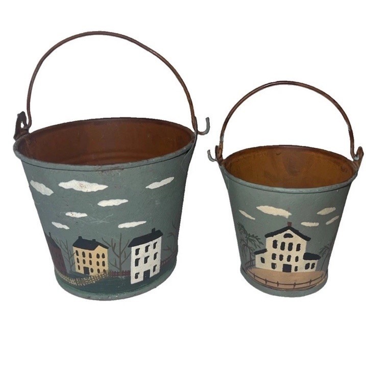 Cute Vintage Miniature Metal Buckets W Houses Hand-Painted