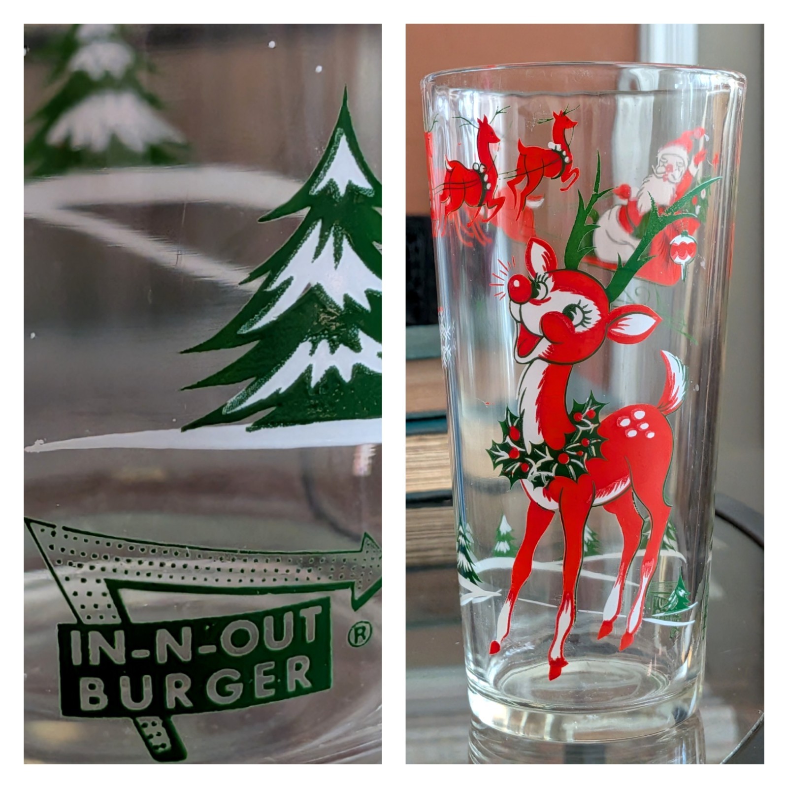 Vtg 1983 In-N-Out Burger Xmas Rudolph Reindeer Santa Xmas Glass HTF 80s Cali Art