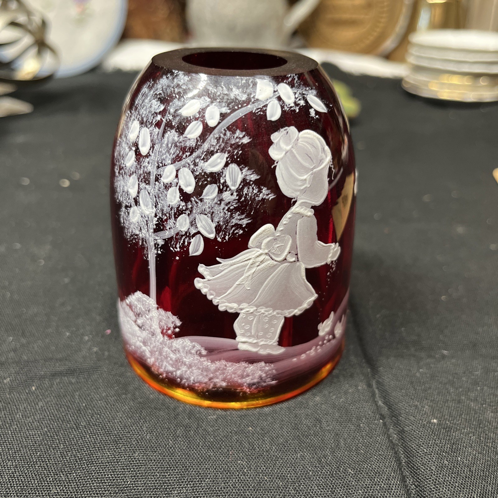 M Caplinger Fenton Red Hand-Painted Girl- Birds top only Rare SIGNED N FENTON 