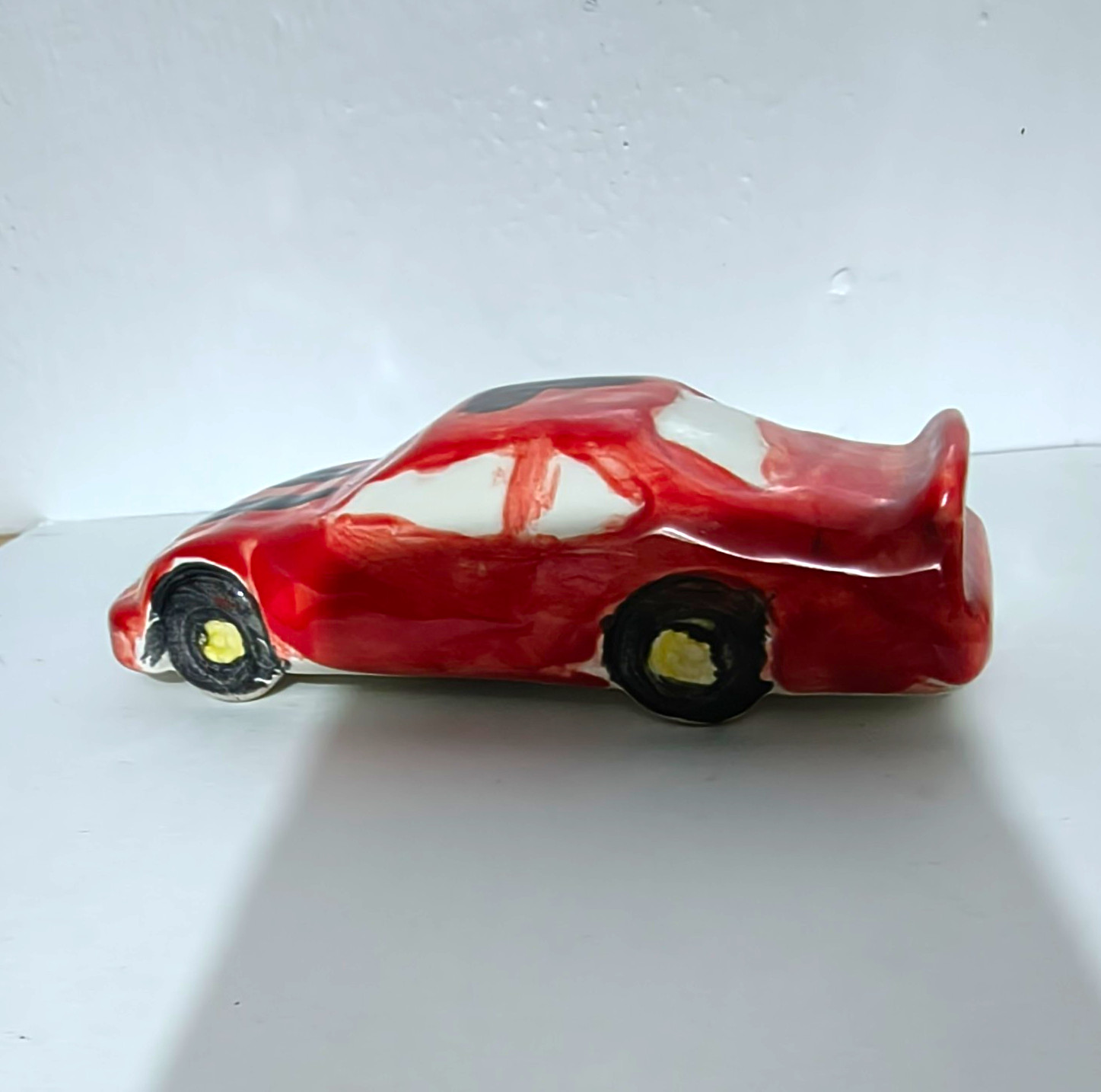 Vintage Hand Painted Ceramic Red Striped Car Figurine 5\