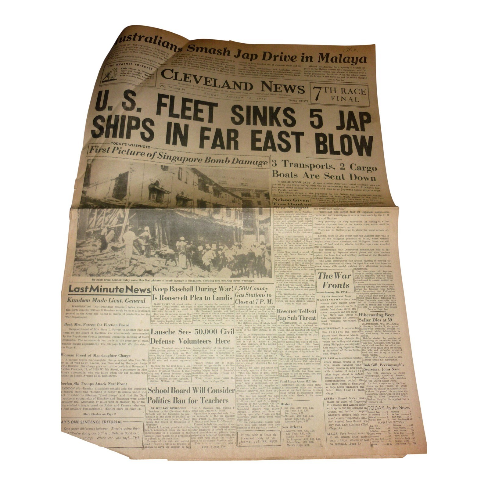 Vintage Jan 16 1942 Cleveland News Newspaper WWII Fleet Sinks 5 Ships Singapore