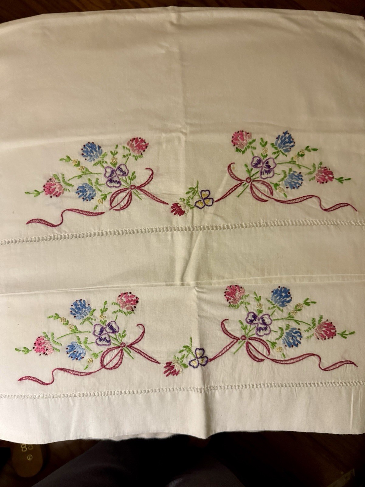 VTG Unused Cotton Hand Embroidered Pair of Pillowcases Cottagecore Grandma Chic